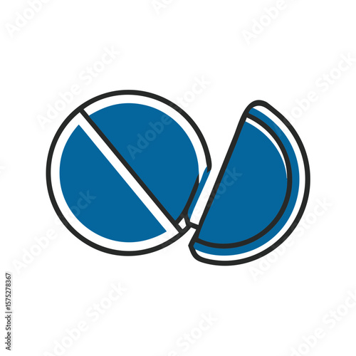 Round blue pill broken in half with white outline design  