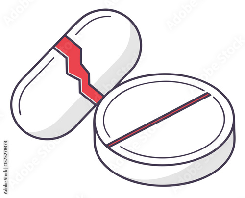 Illustration of broken capsule and round pill in simple style  