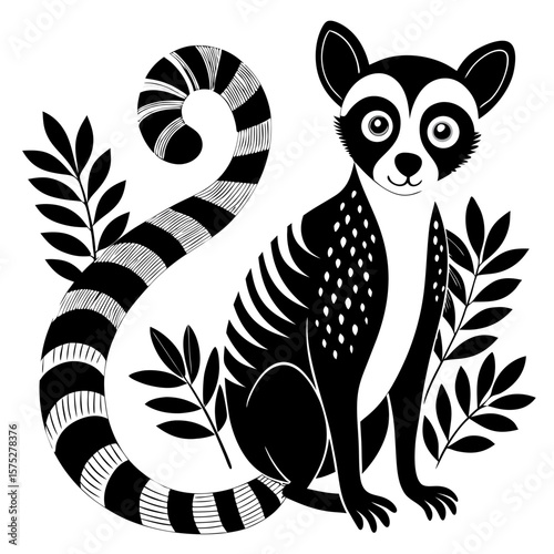 Delightful lemur character graphic with bold stripes and stylized foliage makes a great icon for branding or creative designs.