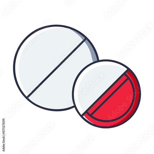 Round pills with red section and split line in flat design  