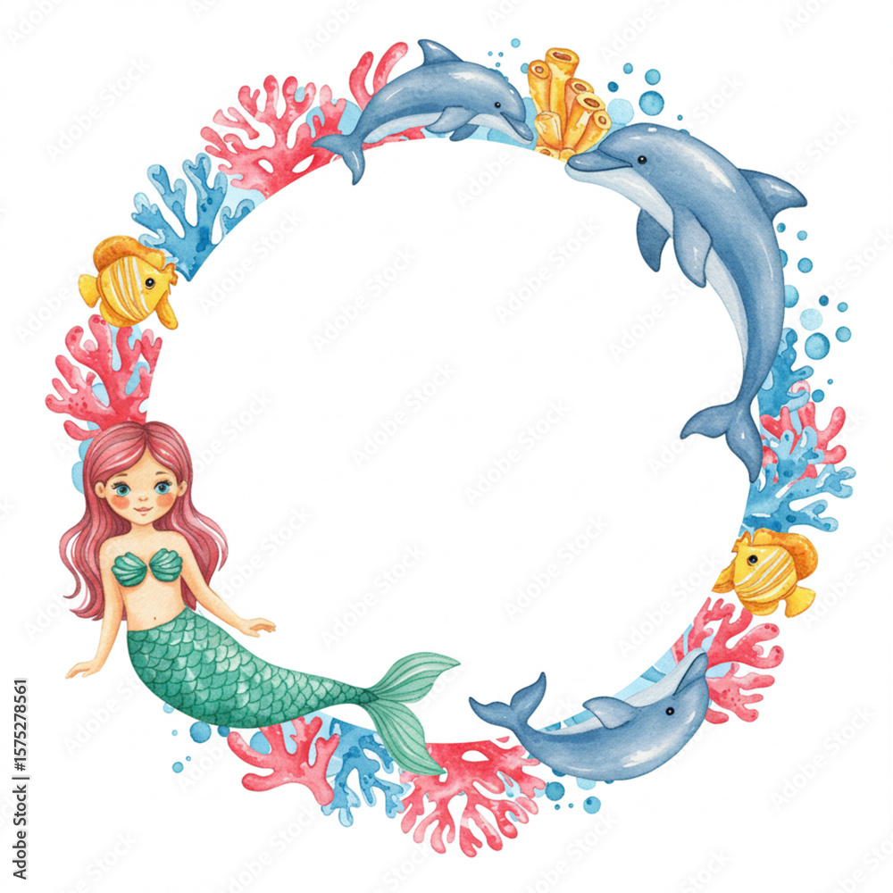 Obraz premium Underwater Dreamscape: A whimsical watercolor depiction showcases a charming mermaid amidst a vibrant coral reef, playfully surrounded by dolphins and fish, evoking a sense of aquatic wonder.