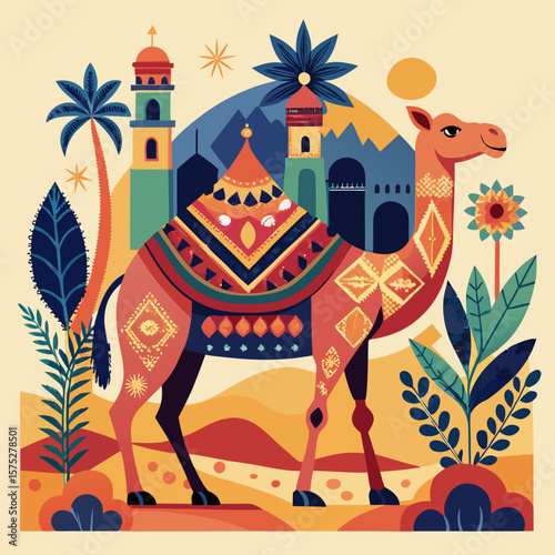 Colorful desert landscape with a majestic camel and stylized architecture is ideal for travel, tourism, or cultural design projects.
