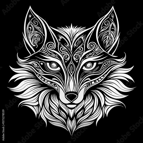Ornamental fox head in monochrome is a detailed graphic suitable for tribal designs and creative animal artworks.