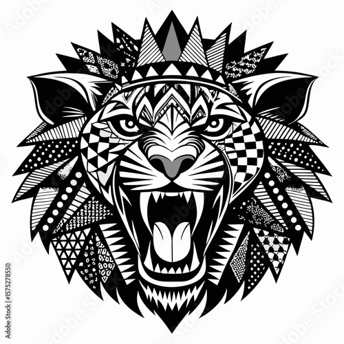 An intricate monochrome tribal lion head graphic displays a majestic and fierce expression, suitable for emblem, mascot, or artistic print projects.