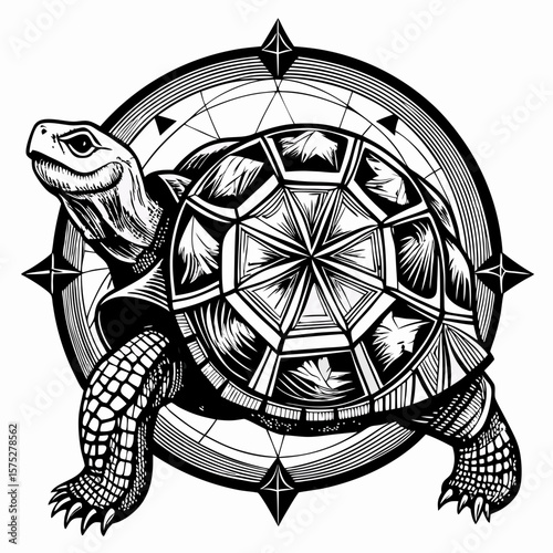 A detailed turtle graphic with a decorative shell and compass, excellent for versatile use in design projects and adaptable to various scales.