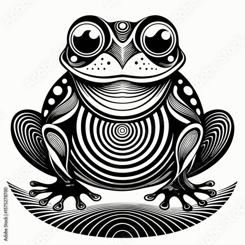 Stylized frog design showcases amphibian with intricate linework ideal for nature-themed projects and graphic art.