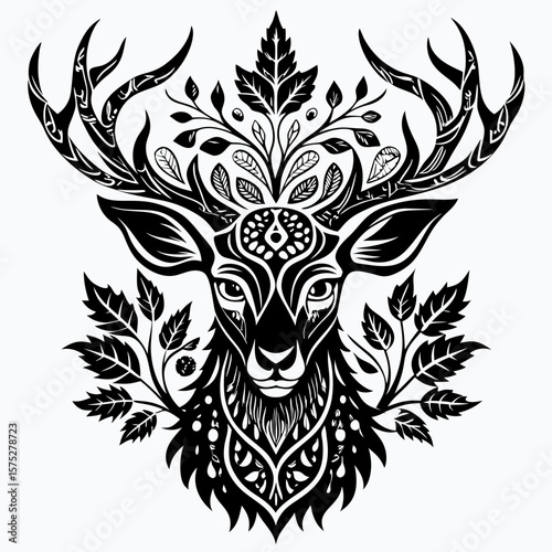 Ornamental deer head adorns floral elements in this enchanting design, ideal for apparel, branding, or captivating nature-inspired projects.