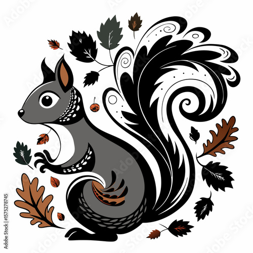 Decorative autumn squirrel with ornate tail and fall leaves perfect for seasonal designs and nature-themed projects