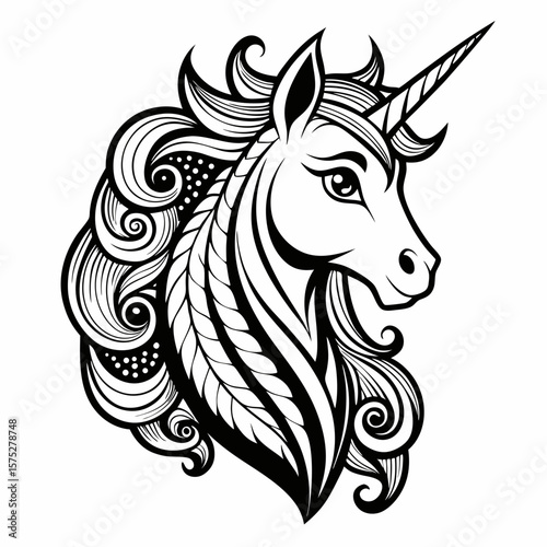 Graceful unicorn head with swirling mane is a captivating graphic ideal for magical designs and fantasy themes.