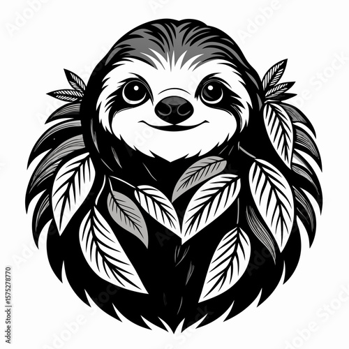 Charming drawing of a sloth encircled by leafy design elements makes for a unique animal art and branding project.