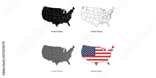 USA Map Outlines with State Borders Solid Black Gray Flag Transparent Background