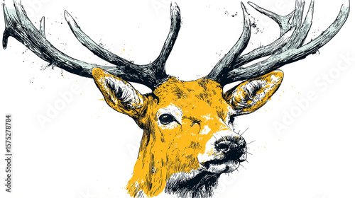 Close up illustration of a deer with large antlers on a white background with ink splatters