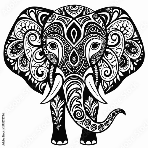 Intricate black and white drawing of a stylized elephant, perfect for branding, print design, or tattoo art with an elegant touch.