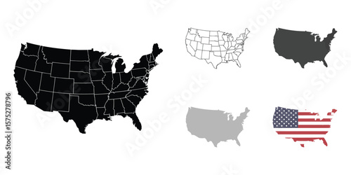 USA Map Silhouettes Collection with States Borders and American Flag Design