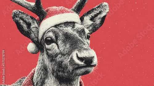 Close up of a reindeer wearing a santa hat against a red background with snow effect
