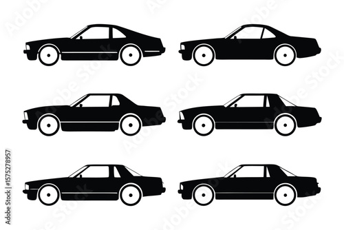 Classic Coupe Silhouettes: A striking series of black coupe car silhouettes, perfect for design, transport, and automobile themes, showcasing automotive elegance. 
