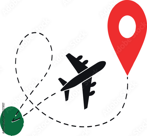 Airplane travel route with location marker and clock vector