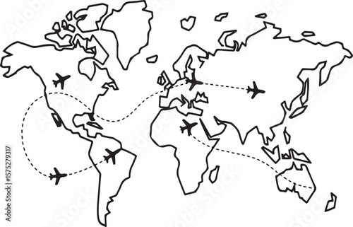World map with airplanes and flight paths continents travel