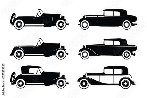 Classic Car Silhouettes: A collection of six vintage car silhouettes, showcasing classic roadster and coupe designs. Ideal for projects related to classic cars, vintage design, or automotive history.