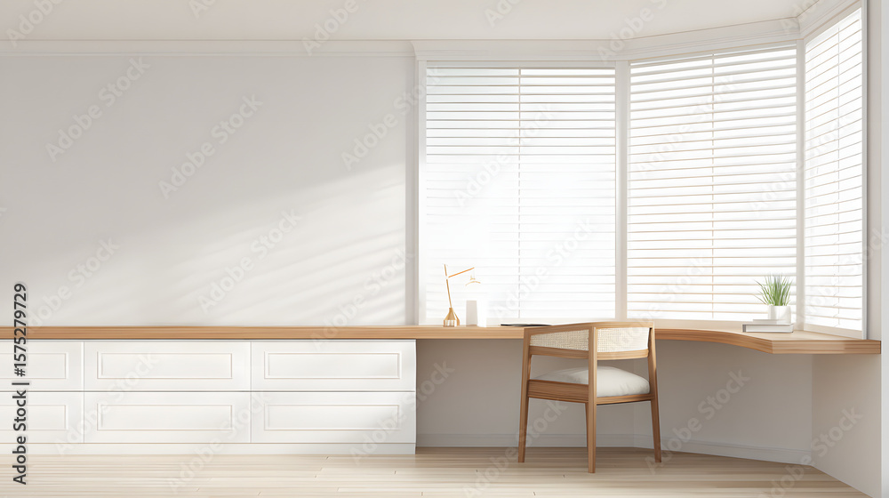 Fototapeta premium Minimalist wooden desk with white furniture in natural light, a serene and organized workspace.