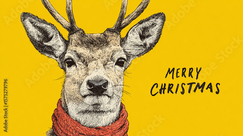 A deer with a red scarf on a yellow background with the words merry christmas written on it