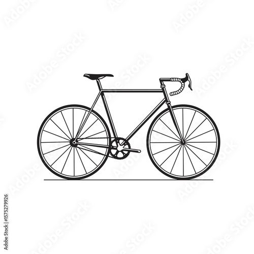 Simple line art of a bicycle featuring two wheels, a clean frame, pedals, chain, seat, and handlebars, designed in a minimalistic style.