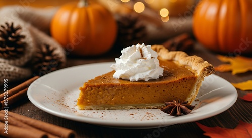 A close-up shot of a slice of pumpkin pie, perfectly flaky crust, topped with a dollop of whipped cream and a sprinkle of cinnamon. Soft, warm backlight highlighting the textures. 