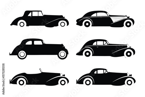 Classic Automobile Silhouette Set: A timeless set of vintage vehicles rendered in elegant black silhouettes, capturing the spirit of automotive history and design