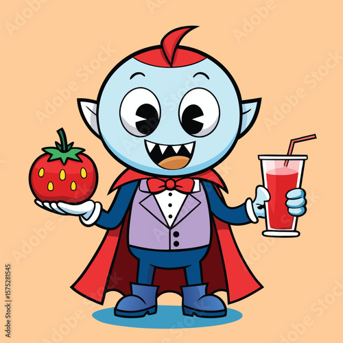Cute Cartoon Vampire Holding Tomato And Juice For Halloween