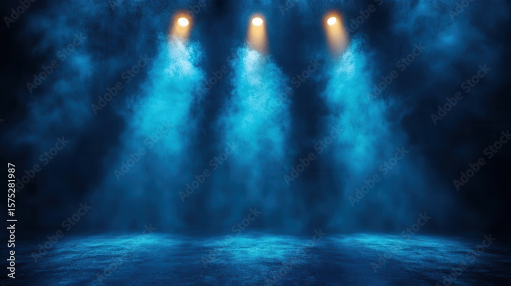 Fototapeta premium Stage Lighting with Fog and Three Beams Illuminate a Dark Background
