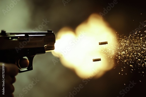 Automatic gun firing with ultra slow motion showcasing bullet ejection and muzzle flash in dark setting, Automatic gun firing, Ultra Slow Motion