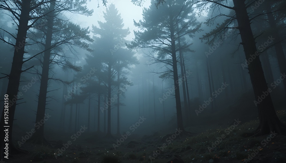 Fototapeta premium An eerie, blue hued dense forest scene with tall trees shrouded in thick fog and ground vegetation.