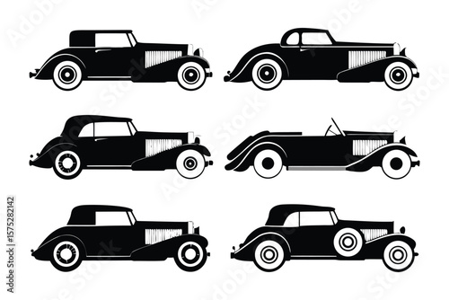 Art Deco Automobiles: Six vintage art deco automobiles are silhouetted against white, capturing the elegance and streamlined design of the roaring twenties.