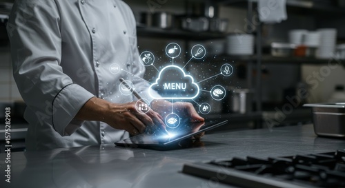 A chef in a professional kitchen using a tablet to access a digital menu, with futuristic graphic overlay