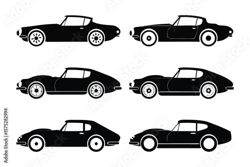 Silhouette Vintage Cars: A collection of classic sports cars rendered as sleek black silhouettes. Each vehicle represents the pinnacle of automotive design from a bygone era.