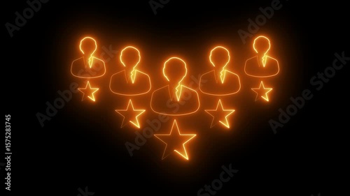Neon Employee Rating and Recognition Concept with Glowing Business Icons and Stars, feedback, appraisal, and workplace performance