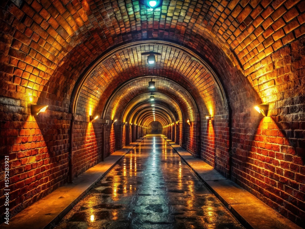 Fototapeta premium May 2018: Kaliningrad's hidden brick corridor, dimly lit, captured in striking underground photography.