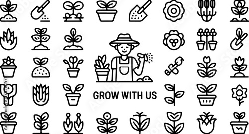 Collection of simple line art icons representing gardening and plant growth including a farmer watering plants and various seedlings and flowers