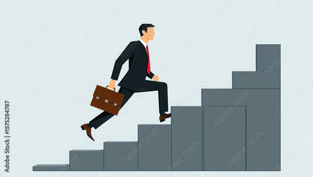 Fototapeta premium Man in suit climbs stairs with briefcase, symbolizing career advancement and ambition.
