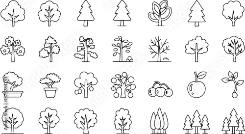 Collection of diverse line art tree icons and illustrations representing various types of trees including deciduous coniferous flowering fruit and bonsai styles