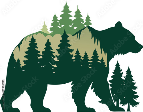 Forest Double Exposure Bear Silhouette with Inner Tree Scene