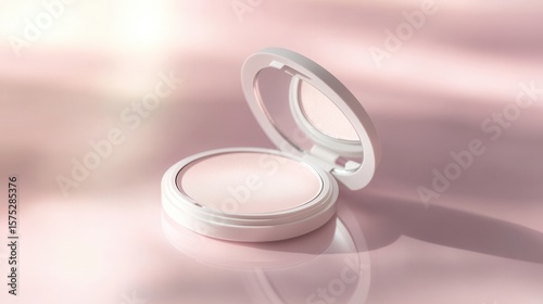 Blank compact powder case mockup, elegant makeup branding  on blur background 