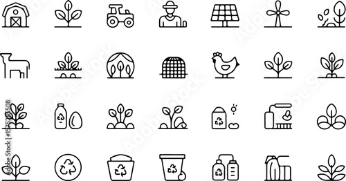 Collection of simple line art icons representing agriculture farming sustainability and rural life including plants animals and equipment