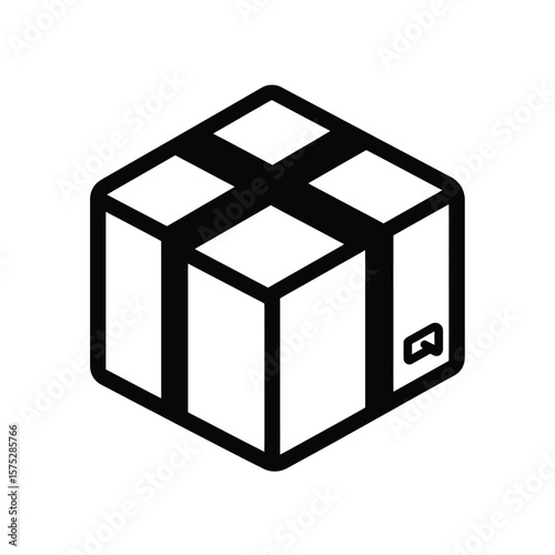 Black outline of cube box with packing tape on transparent background