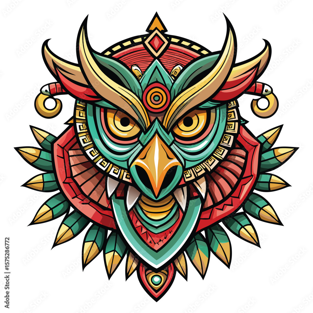 Fototapeta premium Colorful stylized owl head, adorned with intricate geometric patterns and vibrant colors, suggesting a tribal or indigenous aesthetic