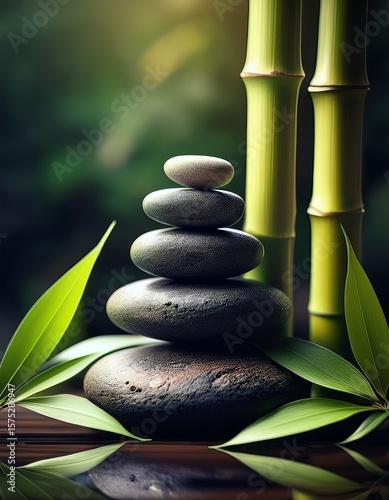 stacked with bamboo leaves, peaceful spa atmosphere__ 