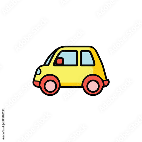 Cartoon Yellow Car with Red Wheels on a White Background, Kid's Toy Vehicle