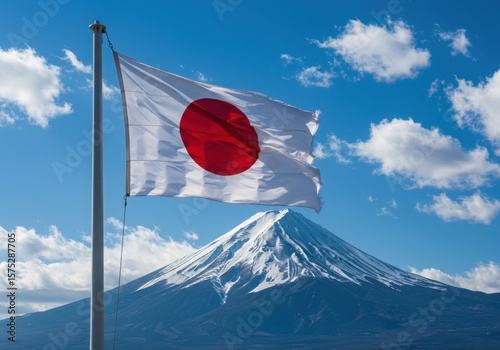 Japanese flag with mount fuji and clear blue sky in background symbolizing japan