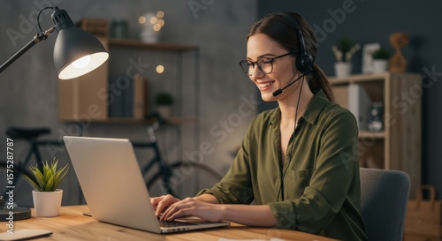 A smiling woman with glasses and headset uses a laptop at a desk in a dimly lit home office.  A bicycle and shelves are visible in the background