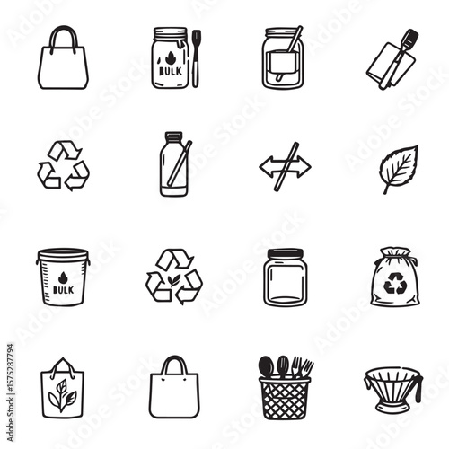 Collection of eco friendly items and recycling symbols in black line set of icon
